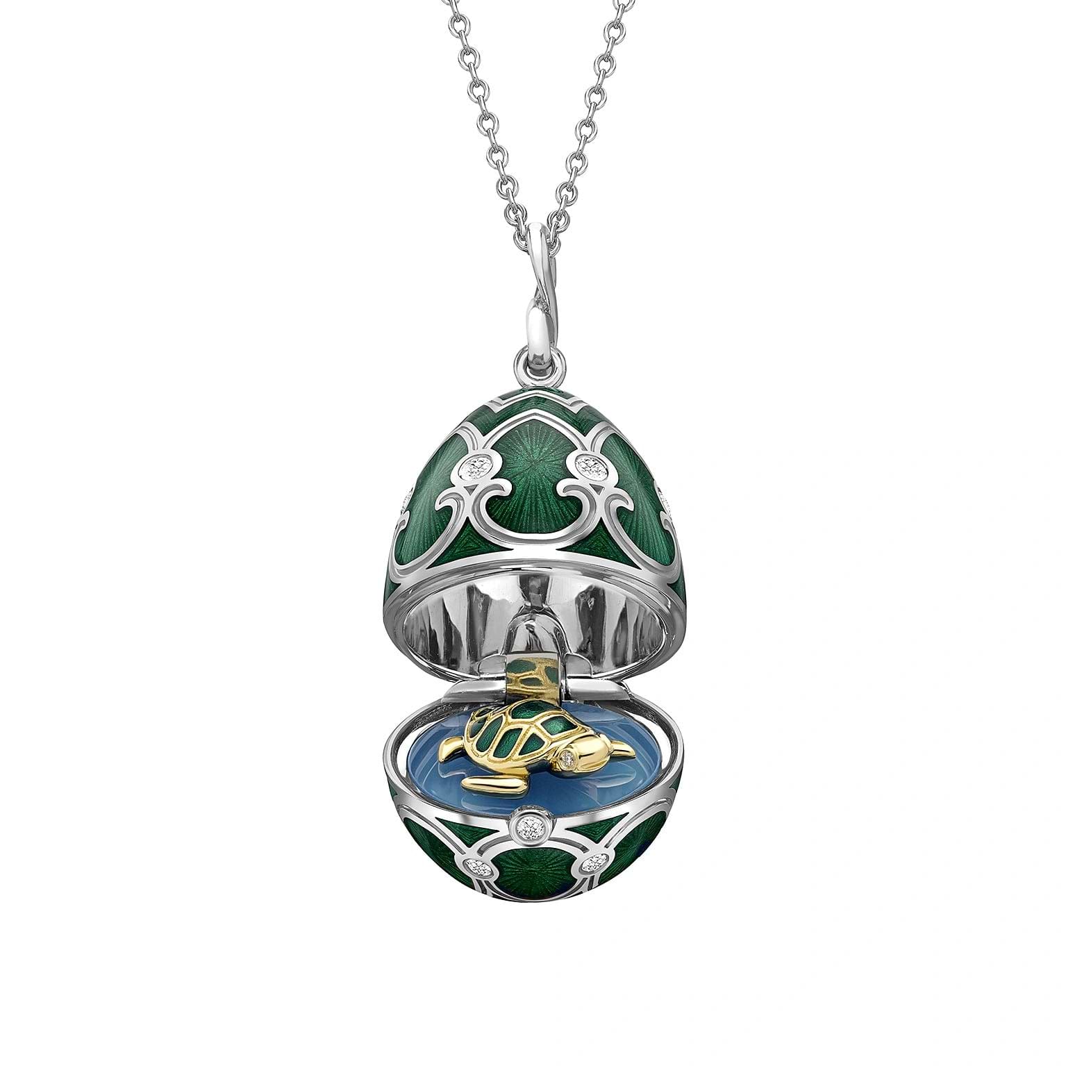 White Gold Diamond & Green Guilloché Enamel Turtle Surprise Locket | Fabergé