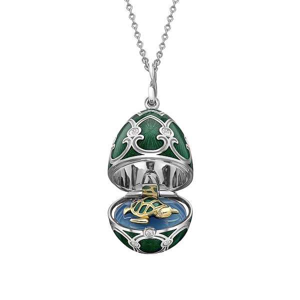 White Gold Diamond & Green Guilloché Enamel Turtle Surprise Locket | Fabergé