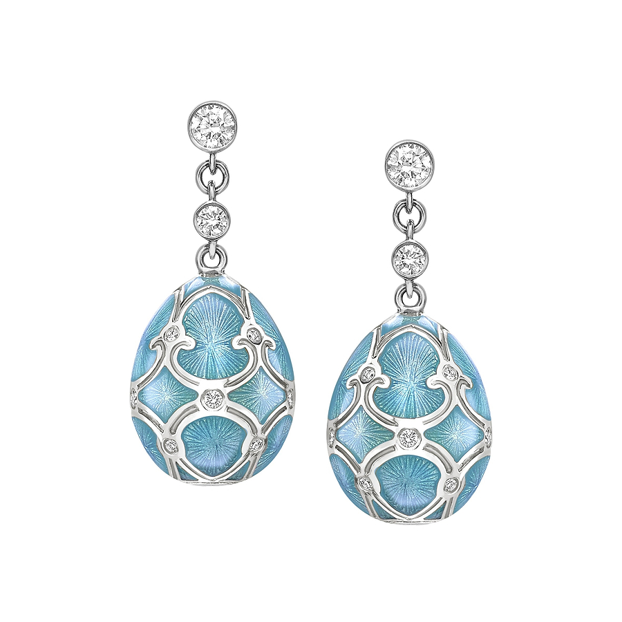 White Gold Diamond & Teal Guilloché Enamel Egg Drop Earrings | Fabergé