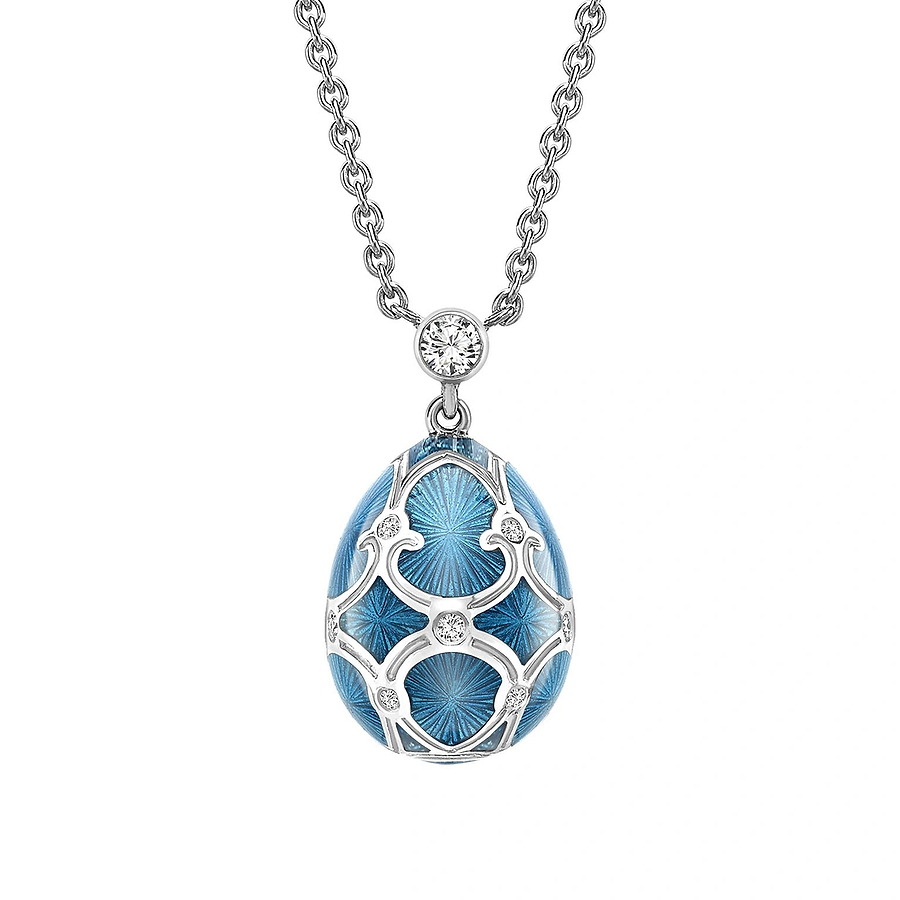 White Gold Diamond & Teal Guilloché Enamel Petite Egg Pendant | Fabergé