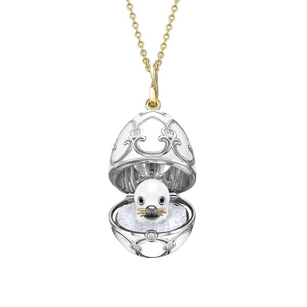 Yellow and White Gold Diamond and Black Enamel Seal Pup Surprise Locket | Fabergé