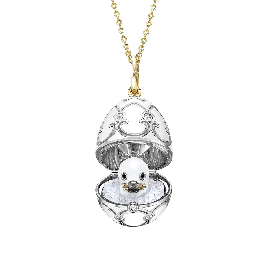 Yellow and White Gold Diamond and Black Enamel Seal Pup Surprise Locket | Fabergé