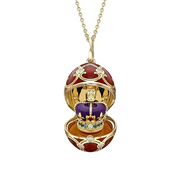 Yellow Gold Diamond & Red Guilloché Enamel Coronation Crown Surprise Locket | Fabergé