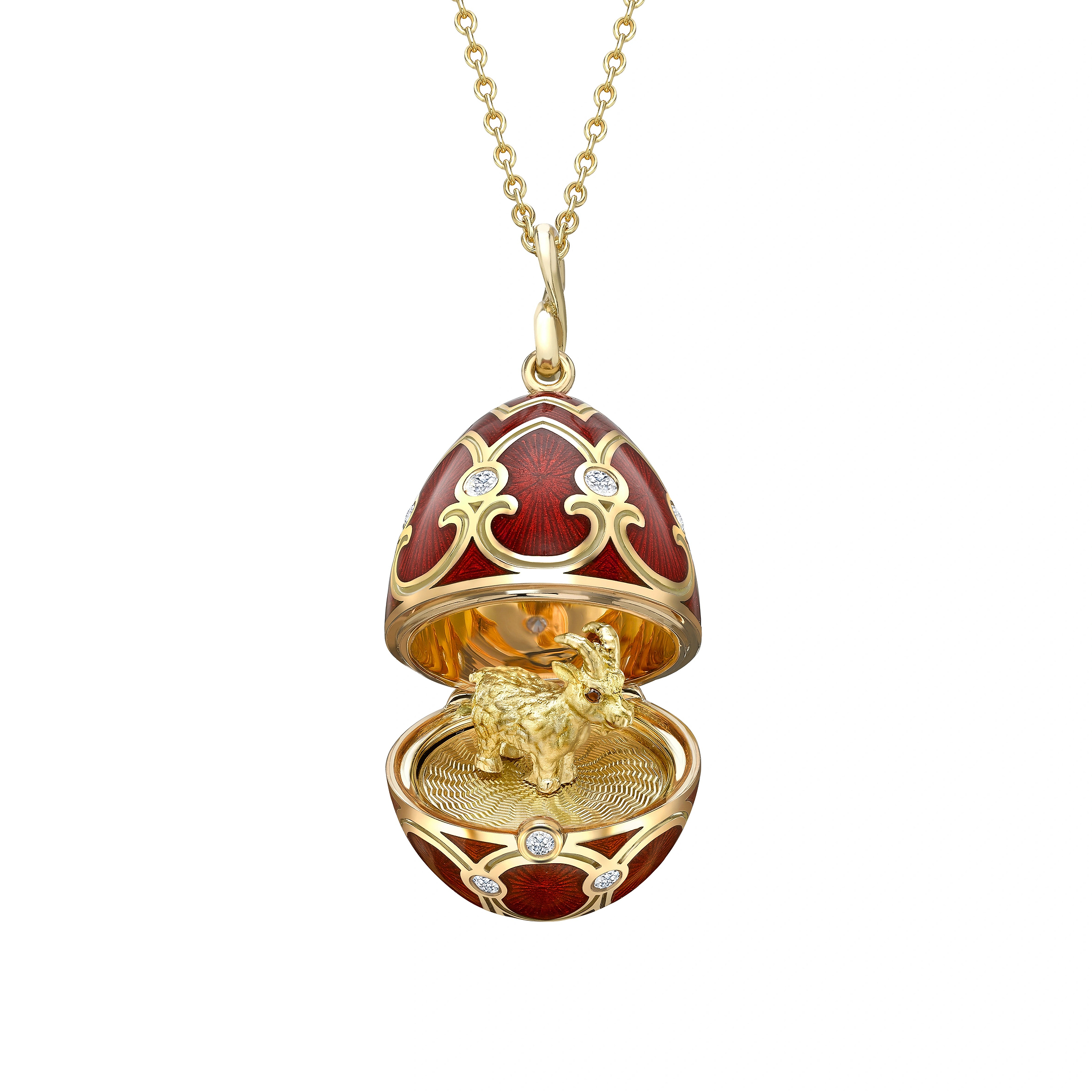 Yellow Gold Diamond & Red Guilloché Enamel Year Of The Goat Surprise Locket | Fabergé