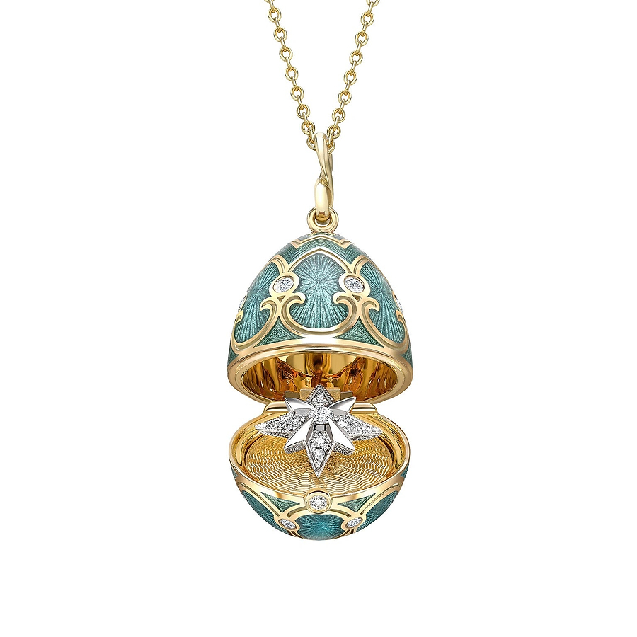 Yellow Gold Diamond & Teal Guilloché Enamel Trembling Star Surprise Locket | Fabergé