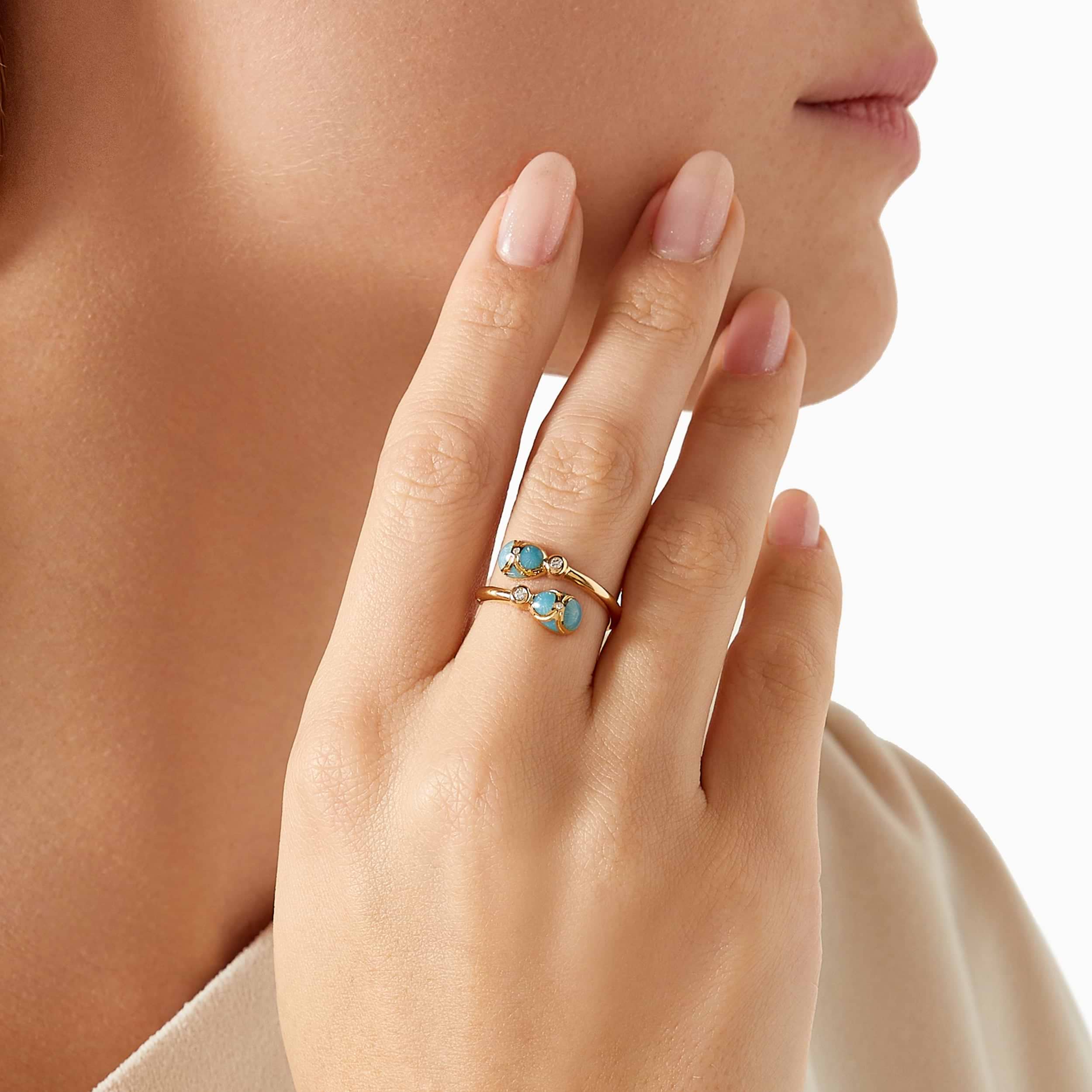 Yellow Gold Diamond & Turquoise Guilloché Enamel Crossover Ring | Fabergé
