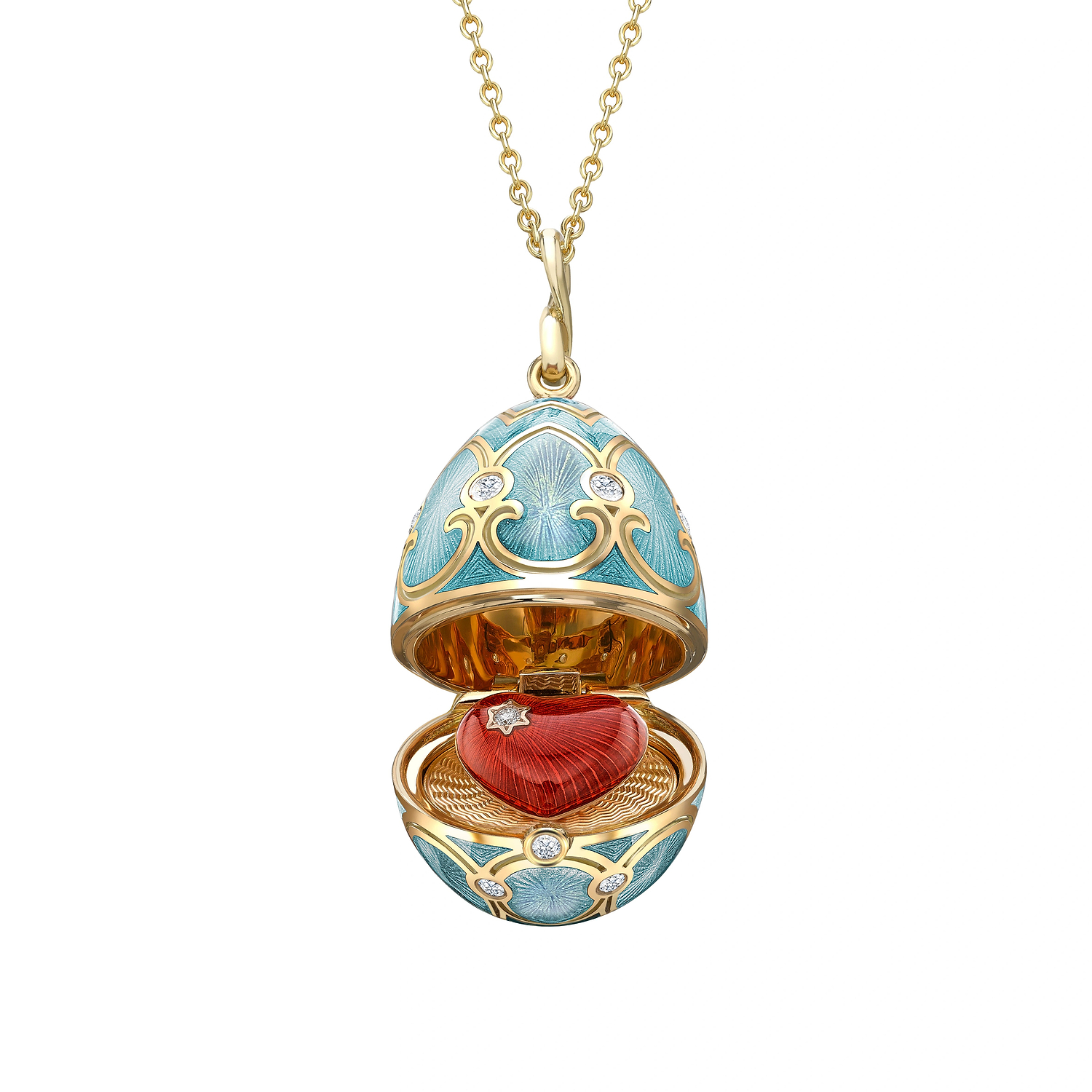 Heritage Yellow Gold Diamond & Turquoise Guilloché Enamel Heart Surprise Locket