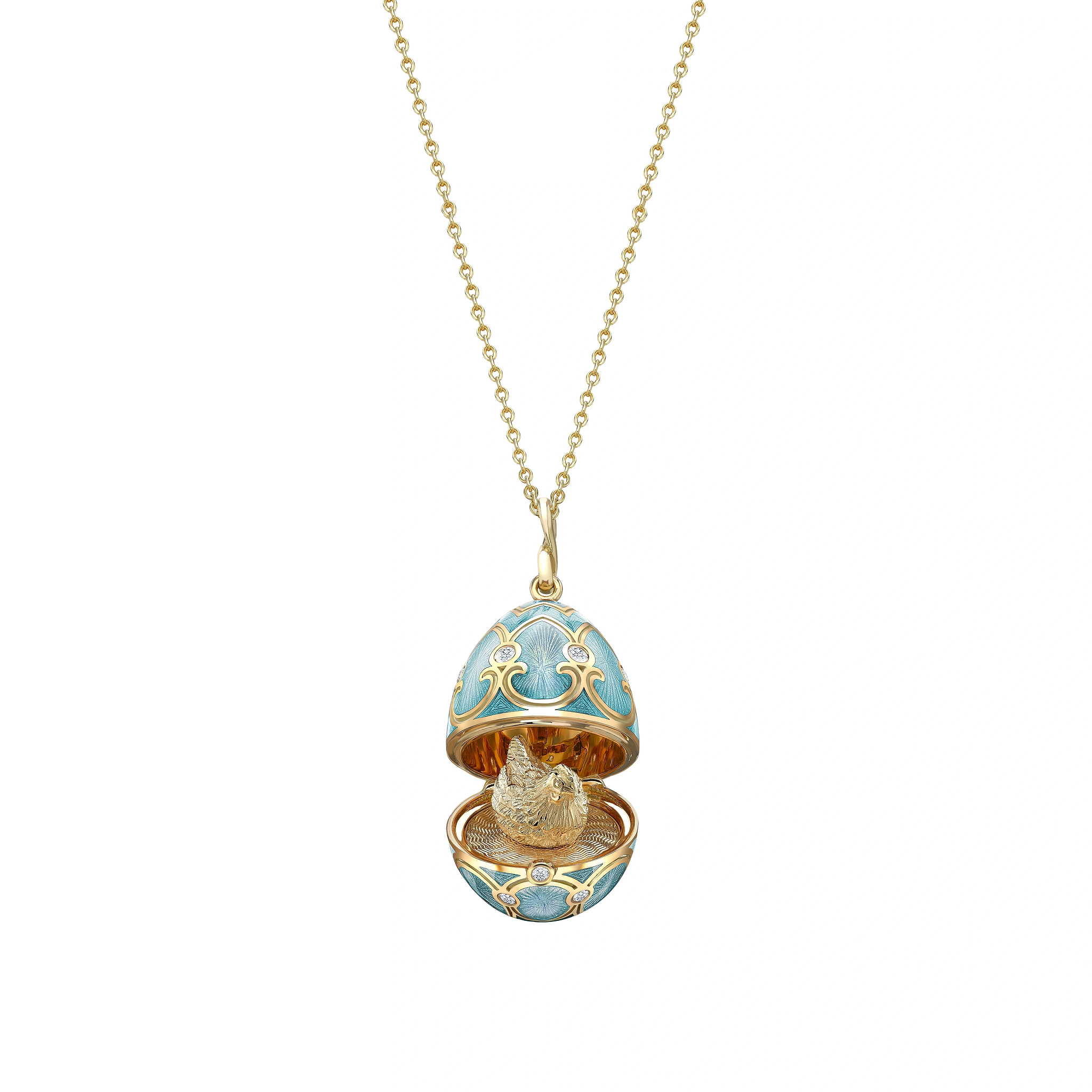 Yellow Gold Diamond & Turquoise Guilloché Enamel Hen Surprise Locket | Fabergé