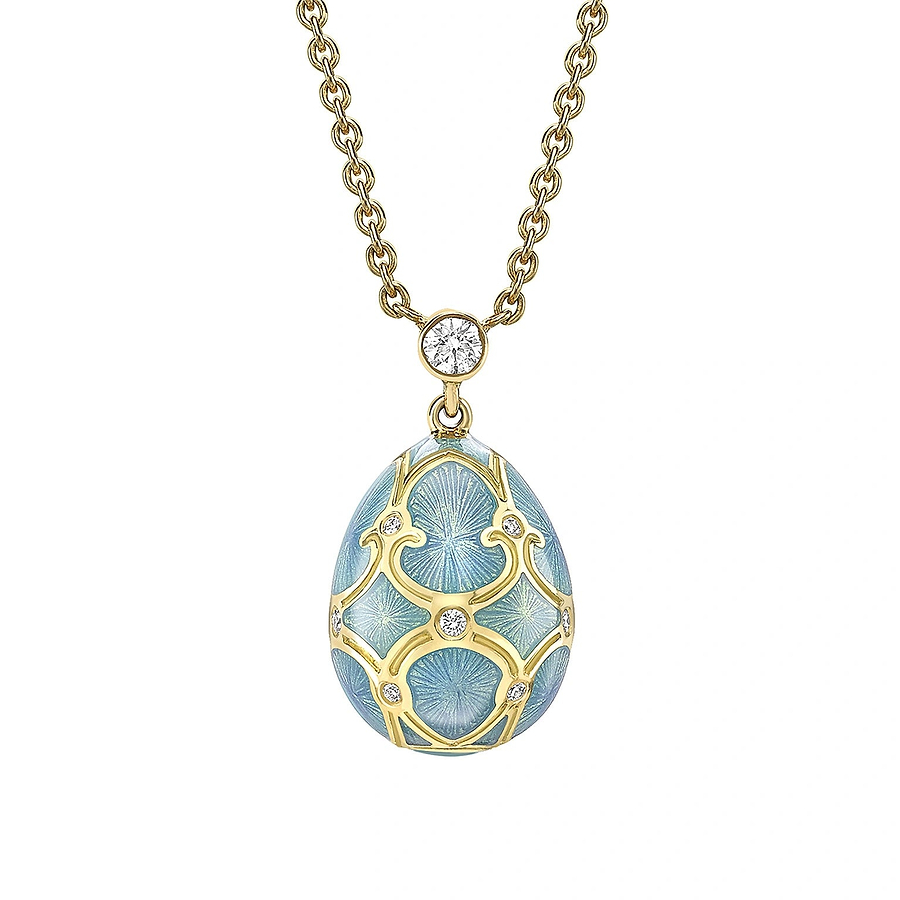Yellow Gold Diamond & Turquoise Guilloché Enamel Petite Egg Pendant  | Fabergé
