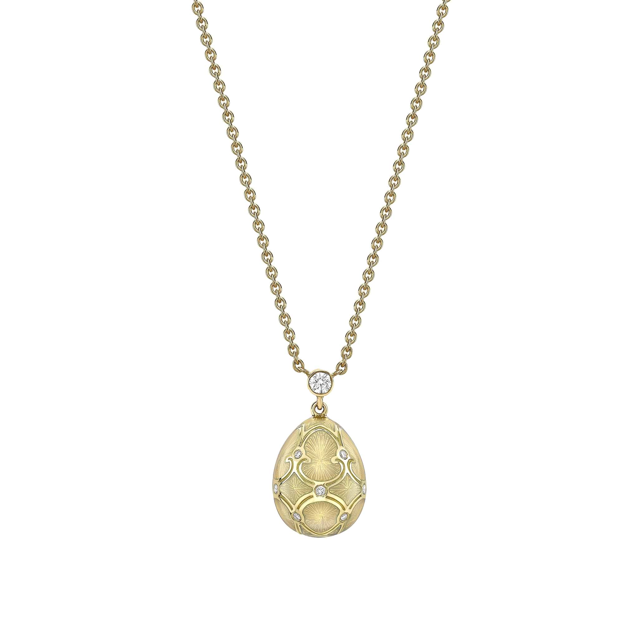 Yellow Gold Diamond & White Guilloché Enamel Petite Egg Pendant | Fabergé