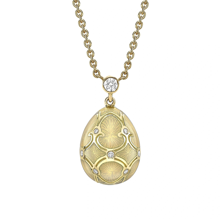Yellow Gold Diamond & White Guilloché Enamel Petite Egg Pendant | Fabergé