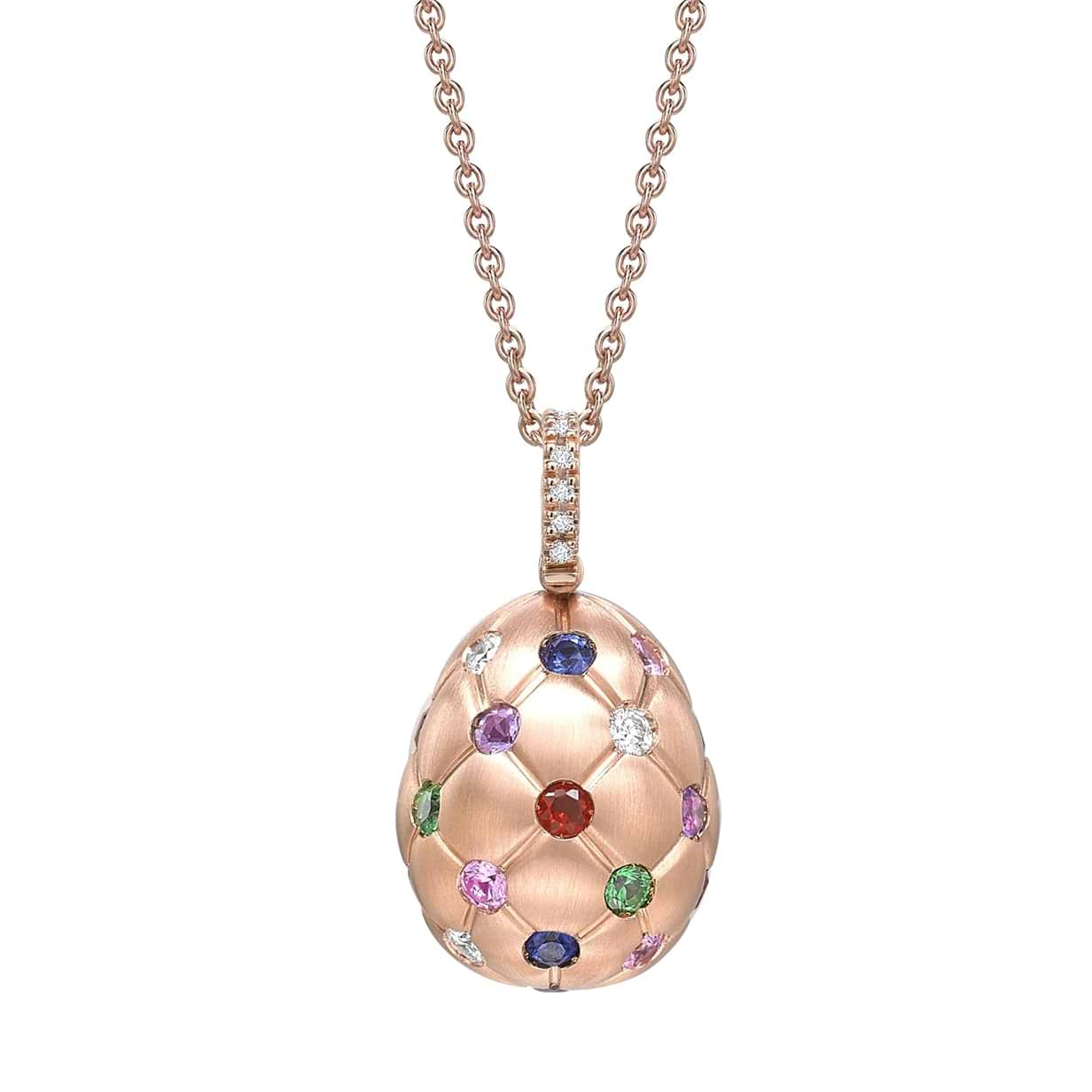 Brushed Rose Gold & Multicoloured Gemstone Set Egg Pendant I Fabergé