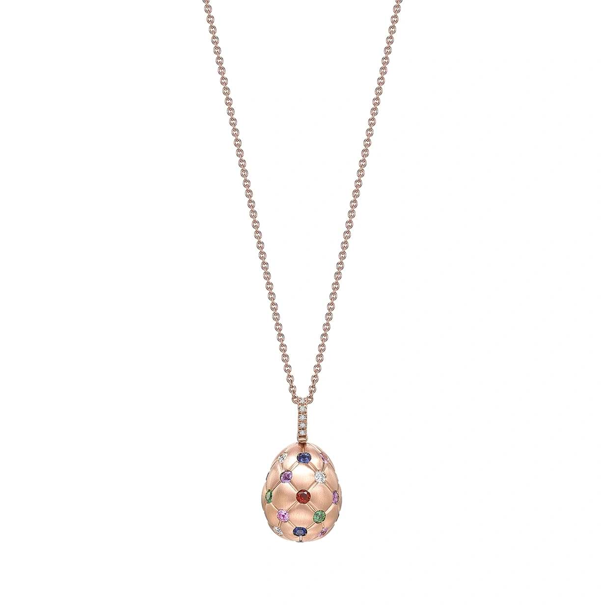 Brushed Rose Gold & Multicoloured Gemstone Set Egg Pendant I Fabergé