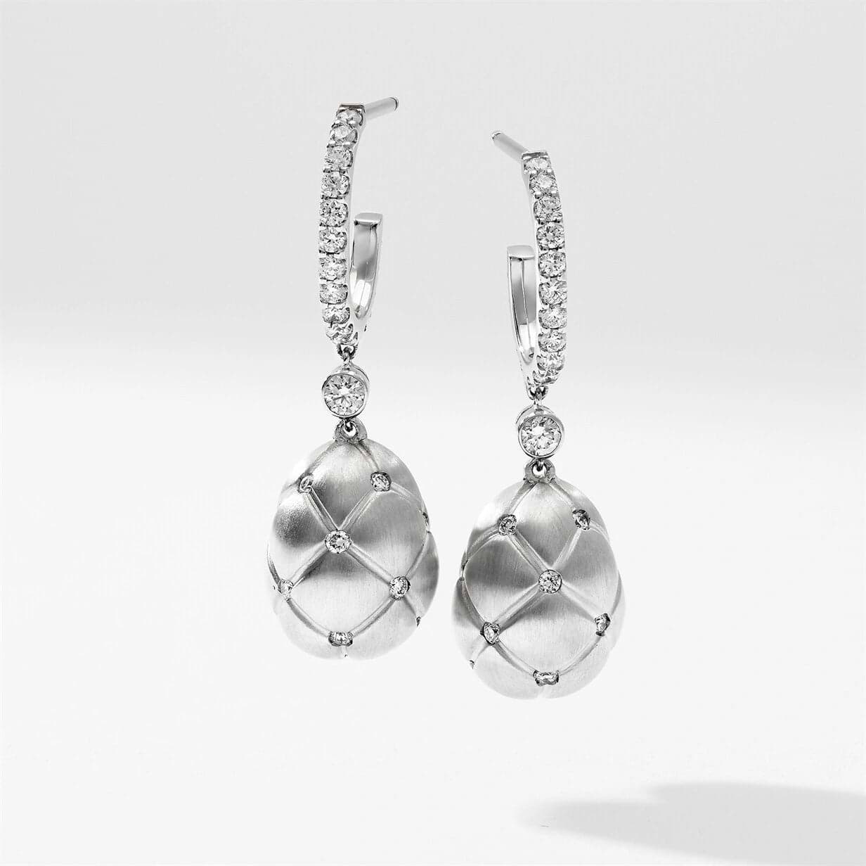 Brushed White Gold & Diamond Set Egg Drop Earrings | Fabergé