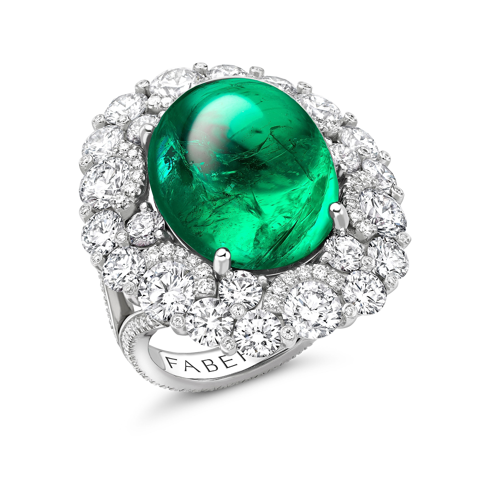 High Jewellery Cabochon Emerald and Diamond Ring in platinum featuring green emerald and white diamonds, priced at €152,000 excluding taxes and duties.