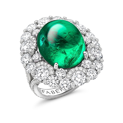 High Jewellery Cabochon Emerald and Diamond Ring in platinum featuring green emerald and white diamonds, priced at €152,000 excluding taxes and duties.
