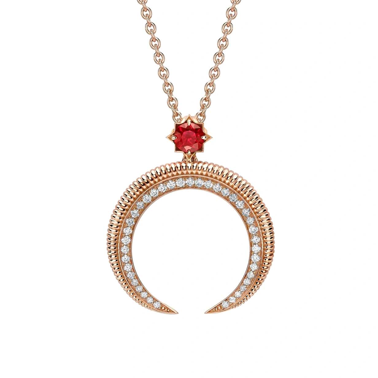 Crescent Rose Gold Ruby & Diamond Pendant | Fabergé
