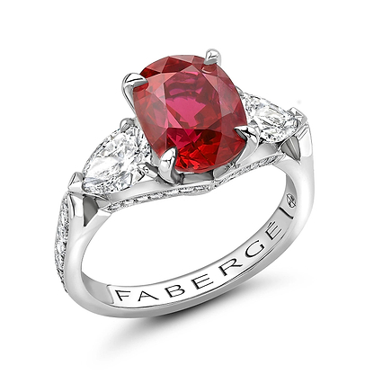 Platinum 4.33ct Oval Ruby Ring Set With Pear Shaped Diamonds | Fabergé
