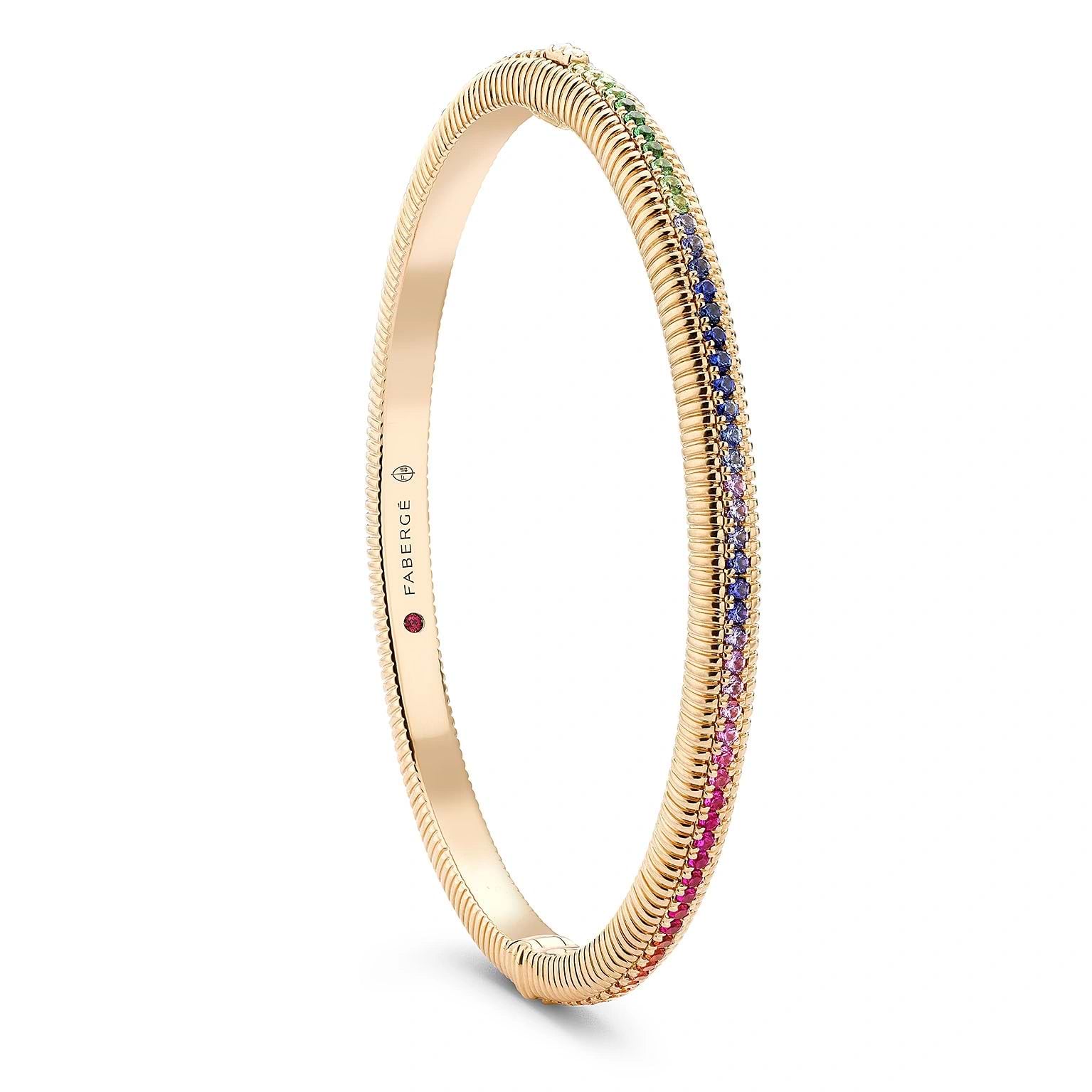 Rose Gold Rainbow Multicoloured Gemstone Hinged Fluted Bracelet | Fabergé
