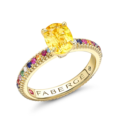 Colours of Love Yellow Gold Oval Yellow Sapphire Fluted Ring with Multicoloured Gemstone Shoulders