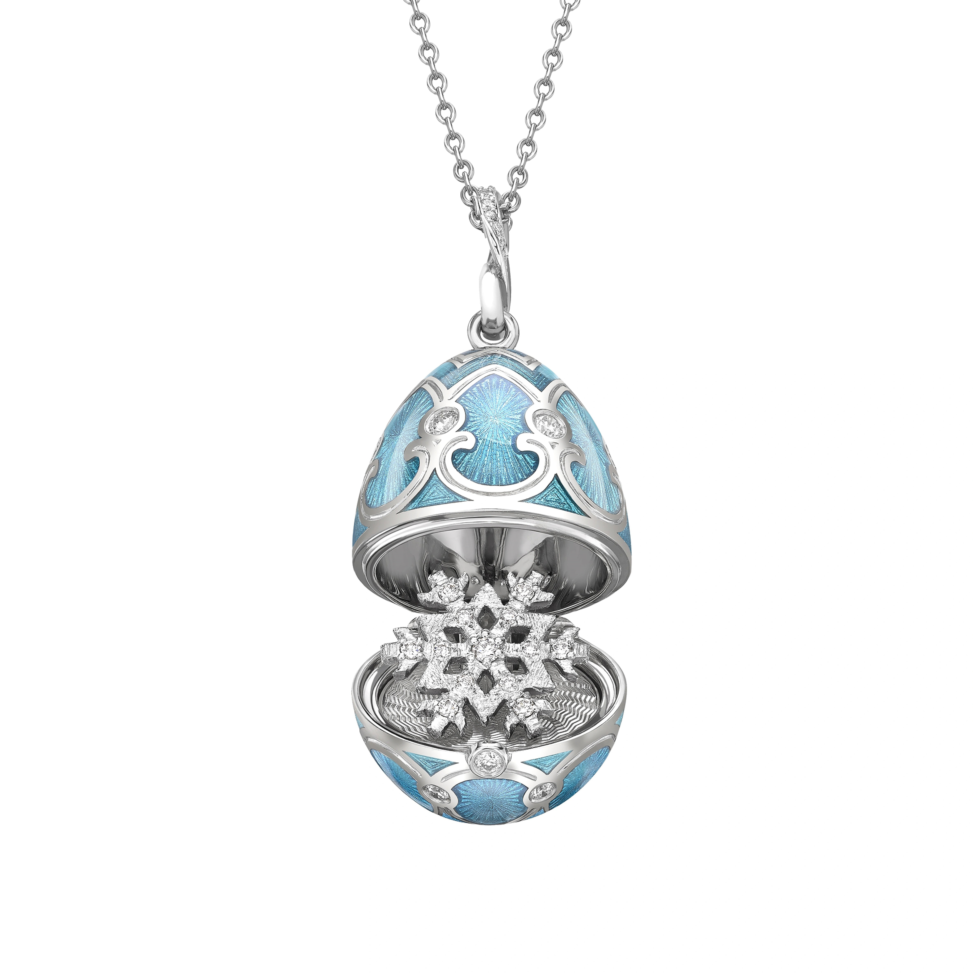 Fabergé Heritage Teal Guilloché Enamel Snowflake Surprise Locket