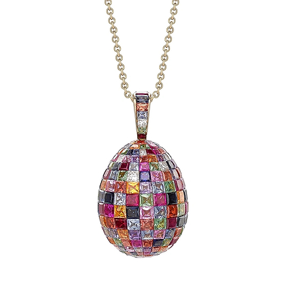 Fabergé Imperial Yellow Gold Mosaic Ruby, Sapphire & Diamond Egg Pendant