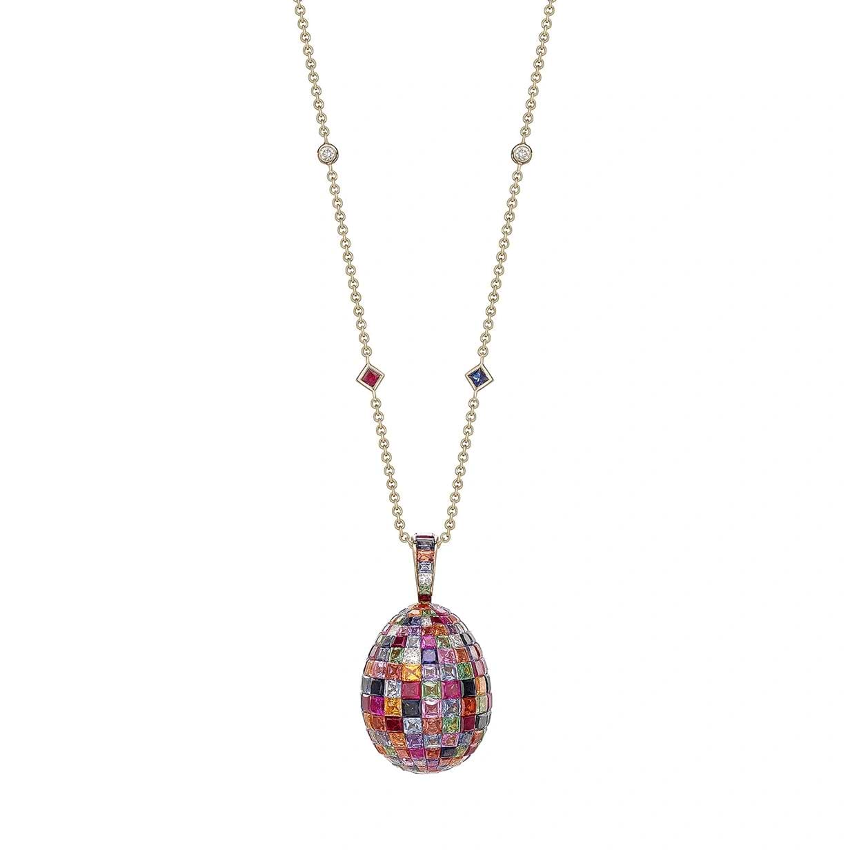 Fabergé Imperial Yellow Gold Mosaic Ruby, Sapphire & Diamond Egg Pendant