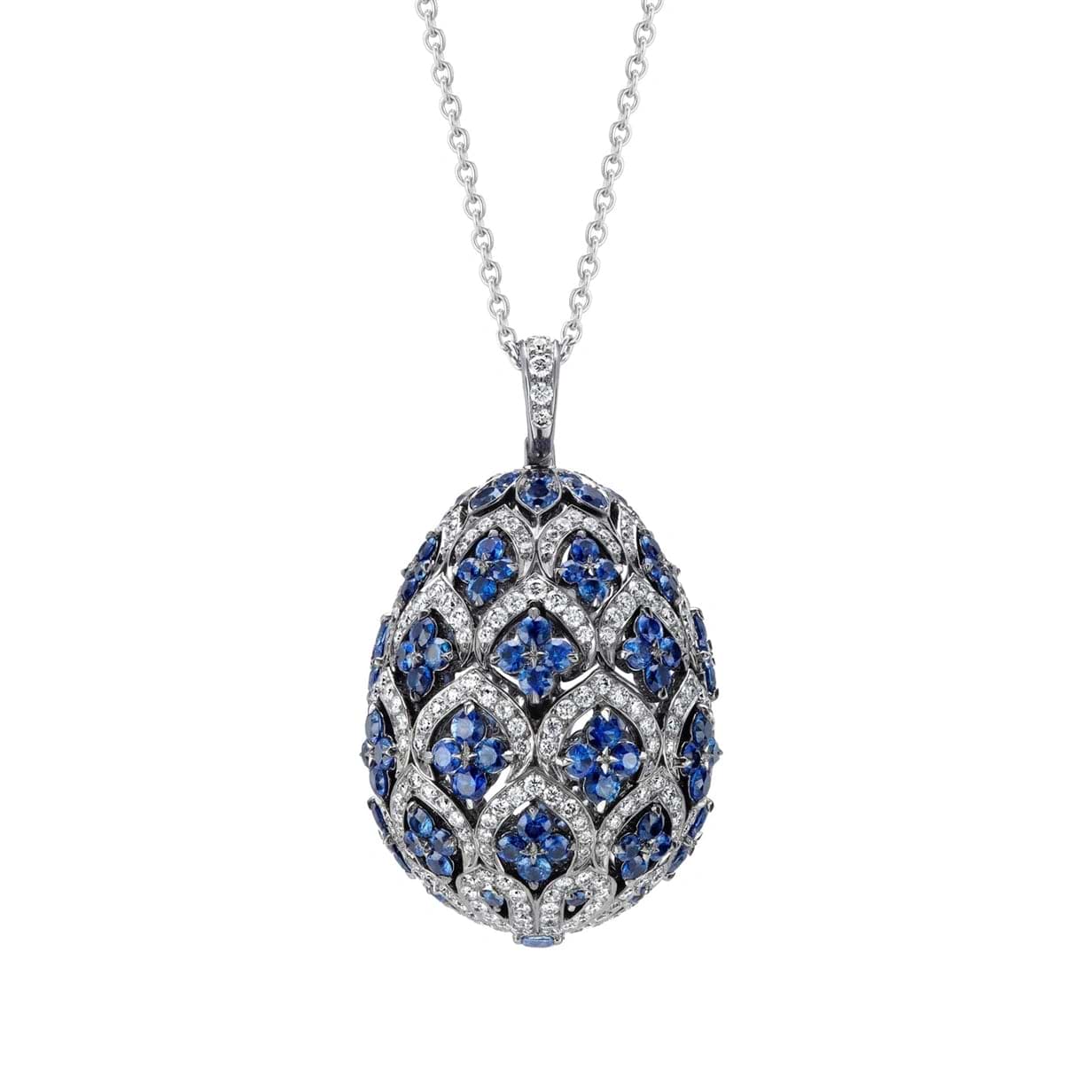 Zenya White Gold & Blue Sapphire Egg Pendant I Fabergé