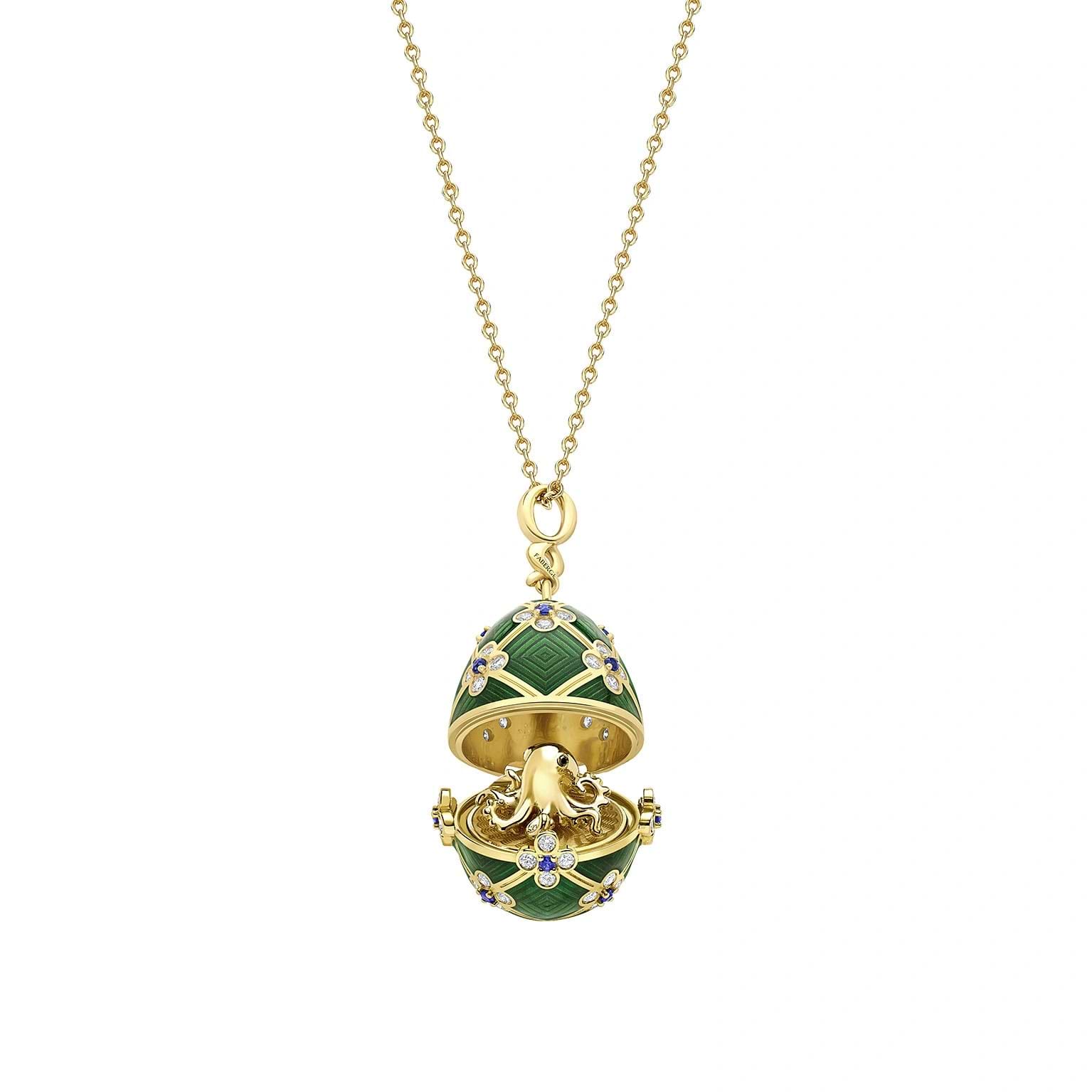 Limited Edition Yellow Gold & Green Guilloché Enamel Octopussy Egg Surprise Locket | Fabergé