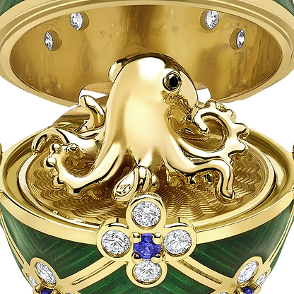 Limited Edition Yellow Gold & Green Guilloché Enamel Octopussy Egg Surprise Locket | Fabergé