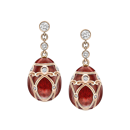 Rose Gold Diamond & Red Guilloché Enamel Egg Drop Earrings | Fabergé