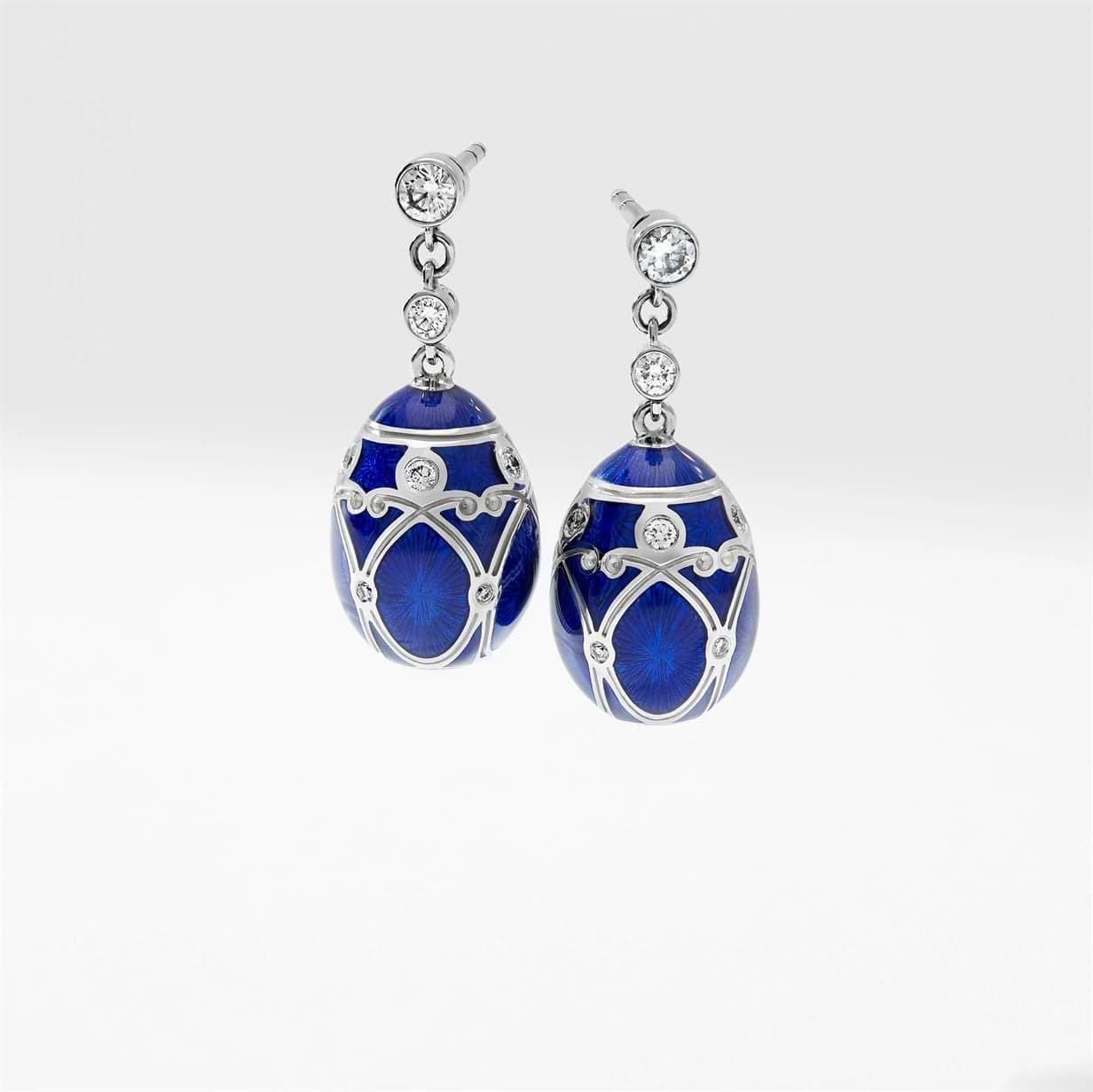 White Gold Diamond & Royal Blue Guilloché Enamel Egg Drop Earrings | Fabergé 2