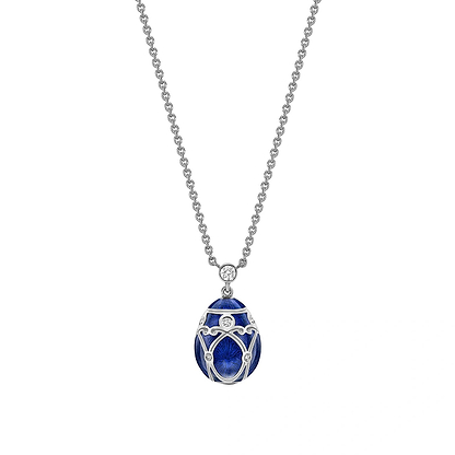 White Gold Diamond & Royal Blue Guilloché Enamel Petite Egg Pendant | Fabergé