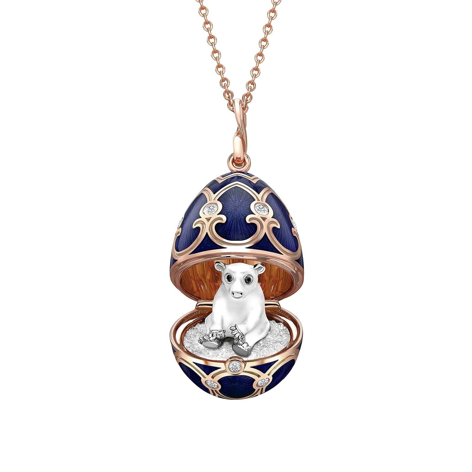 Rose Gold Dark Blue Guilloché Enamel Polar Bear Surprise Locket | Fabergé