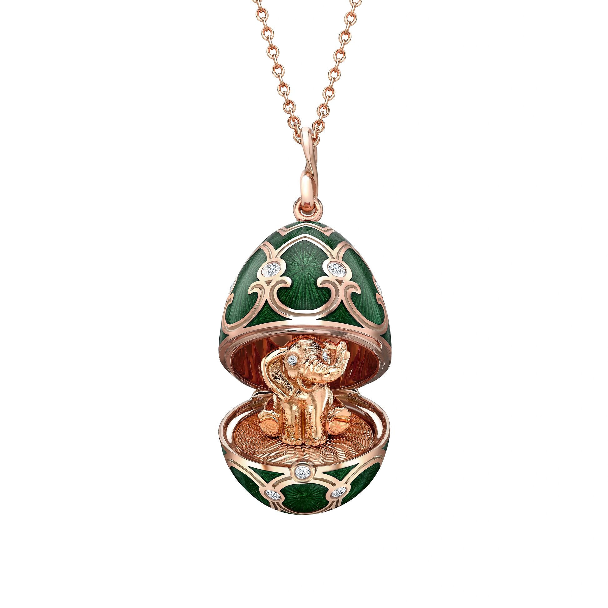 Rose Gold Diamond & Green Guilloché Enamel Elephant Surprise Locket | Fabergé