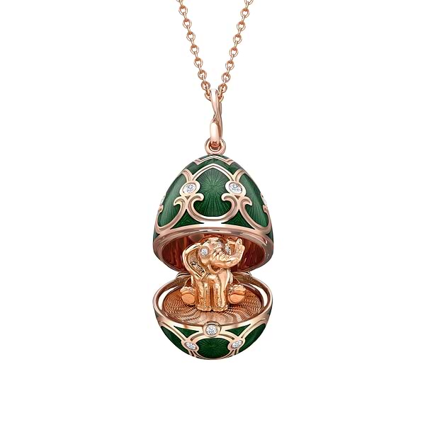 Rose Gold Diamond & Green Guilloché Enamel Elephant Surprise Locket | Fabergé