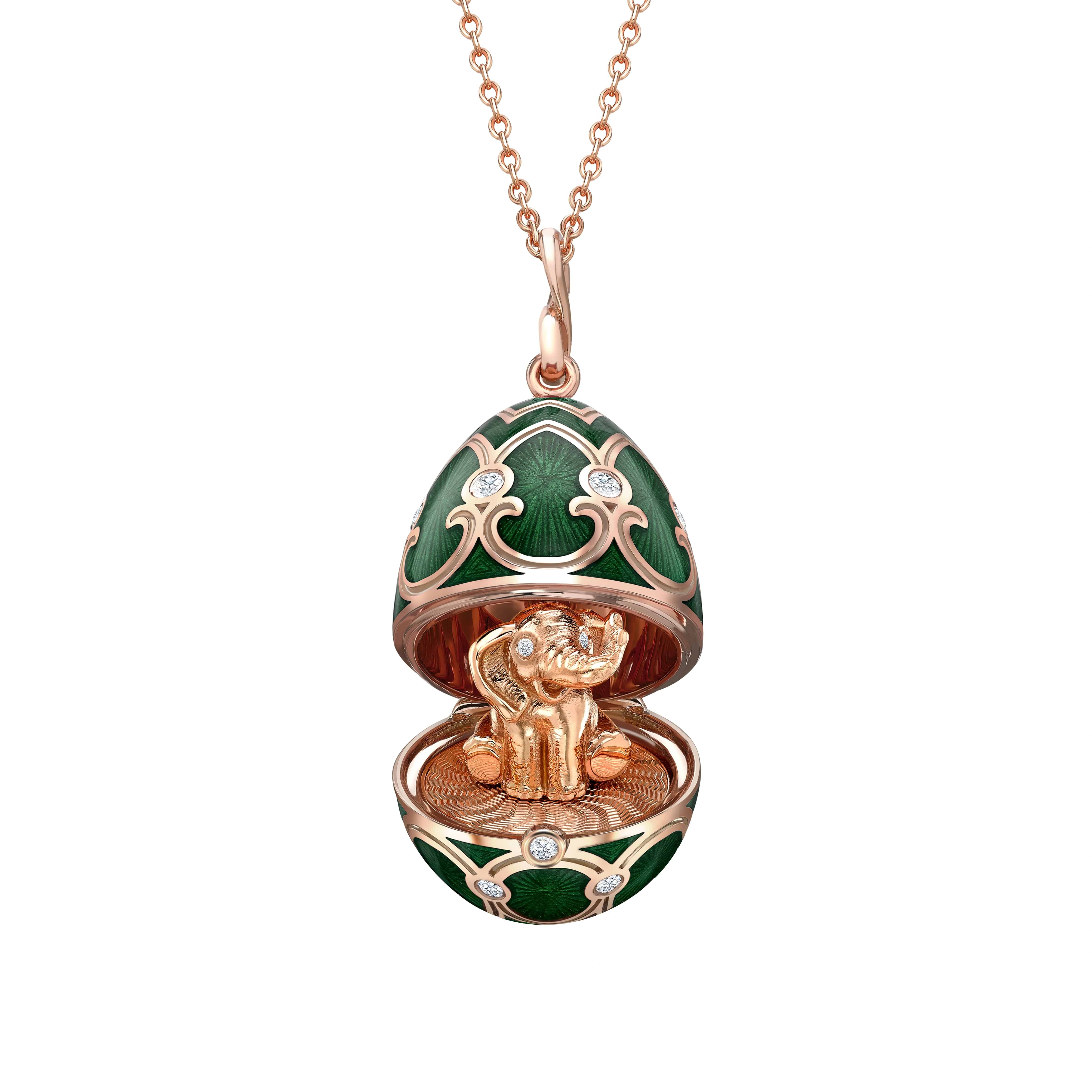 Rose Gold Diamond & Green Guilloché Enamel Elephant Surprise Locket | Fabergé