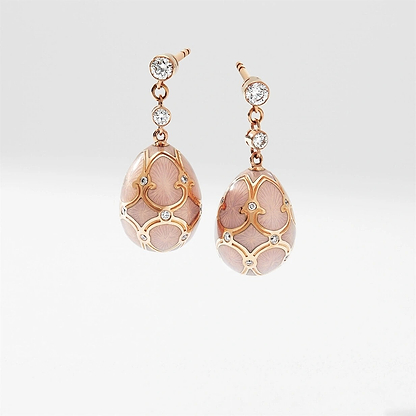 Rose Gold Diamond & Pink Guilloché Enamel Egg Drop Earrings | Fabergé