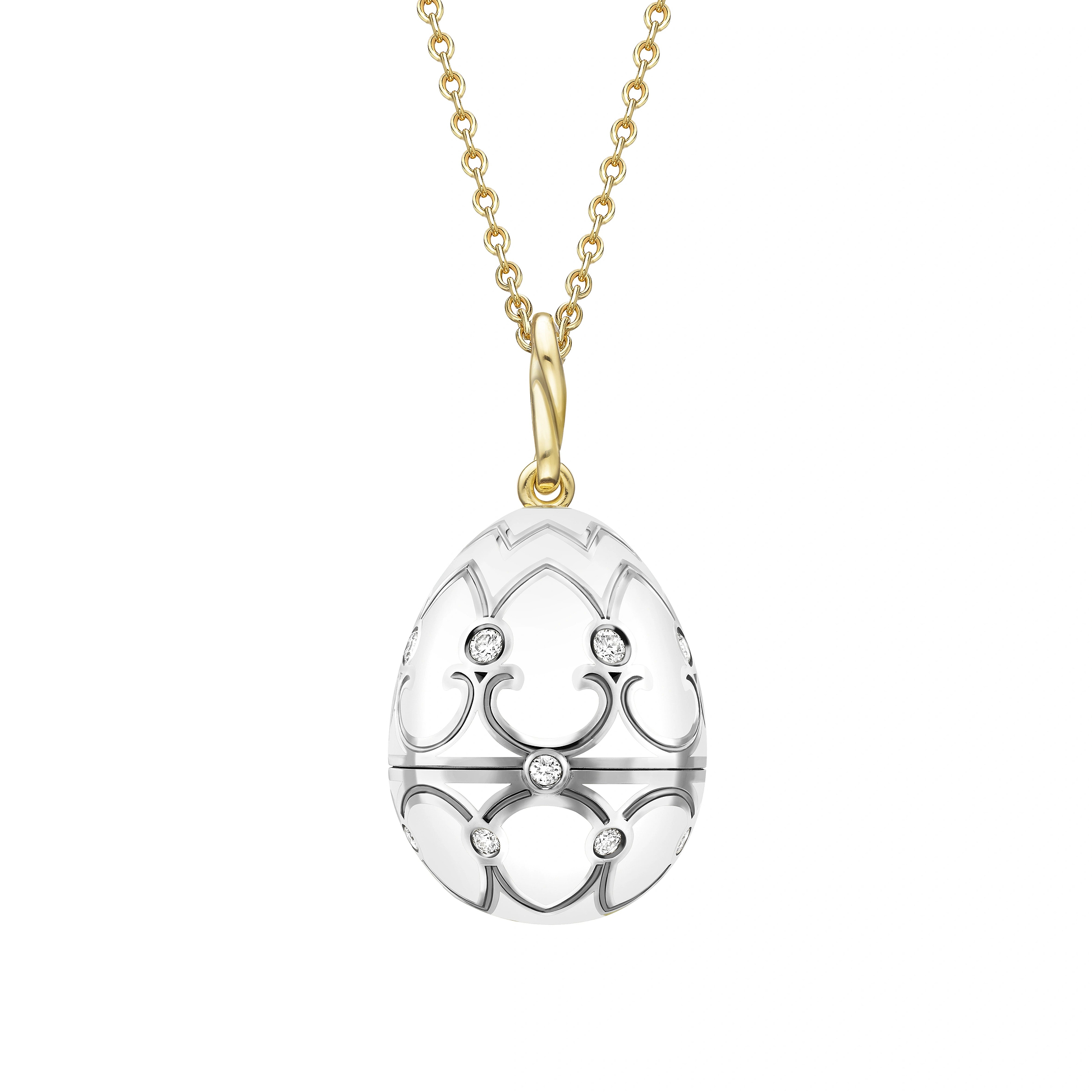 White and Yellow Gold Diamond and White Enamel Carved Mother of Pearl Rose Surprise Locket | Fabergé