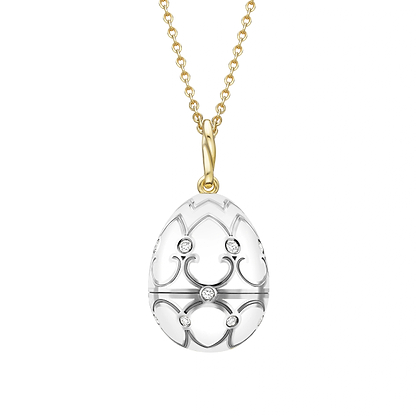 White and Yellow Gold Diamond and White Enamel Carved Mother of Pearl Rose Surprise Locket | Fabergé