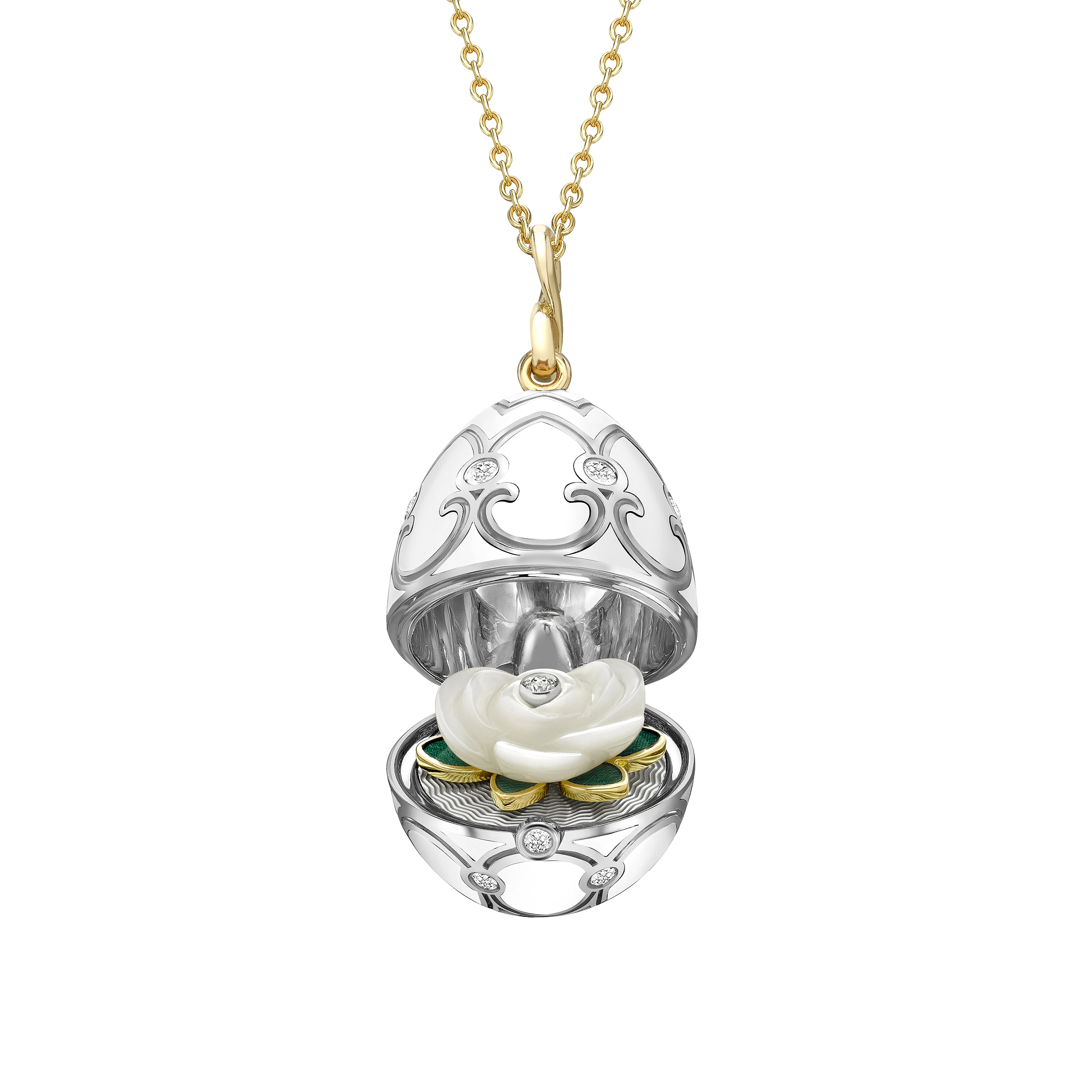 White and Yellow Gold Diamond and White Enamel Carved Mother of Pearl Rose Surprise Locket | Fabergé