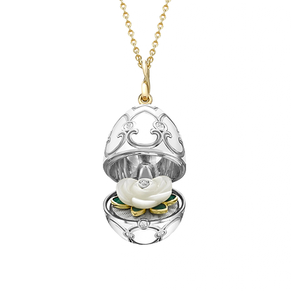 White and Yellow Gold Diamond and White Enamel Carved Mother of Pearl Rose Surprise Locket | Fabergé