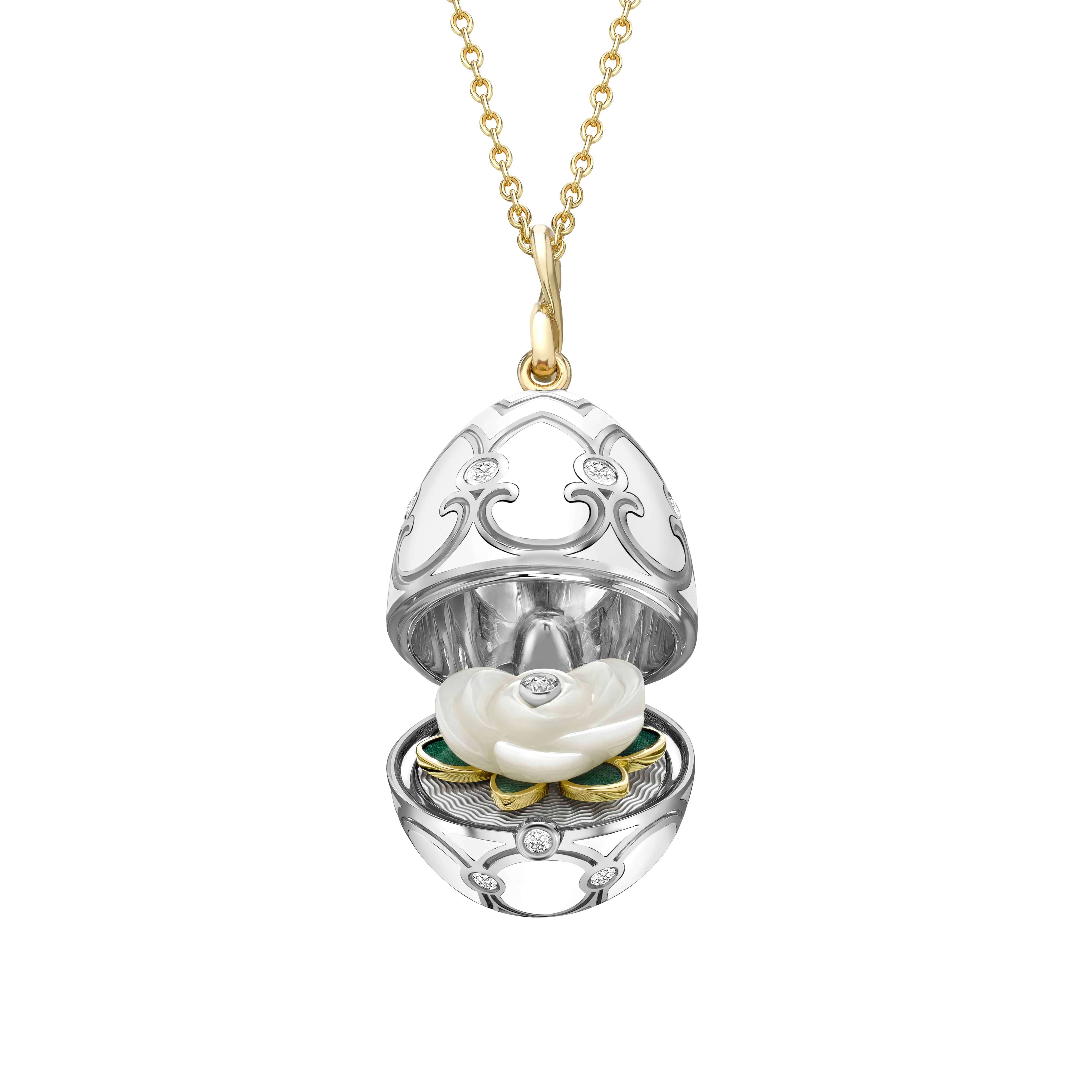 White and Yellow Gold Diamond and White Enamel Carved Mother of Pearl Rose Surprise Locket | Fabergé