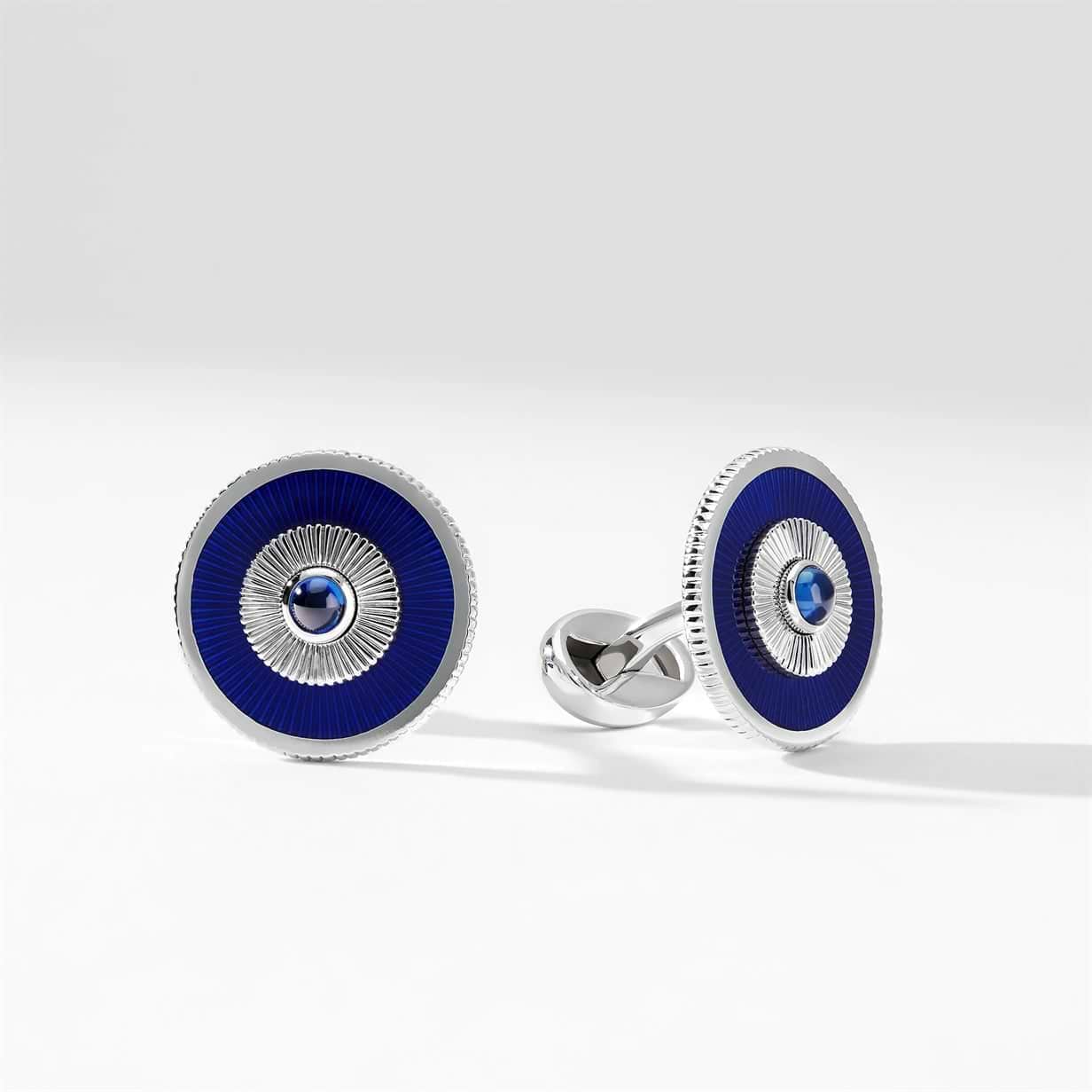 Heritage White Gold Blue Sapphire & Blue Guilloché Enamel Round Cufflinks | Fabergé 2