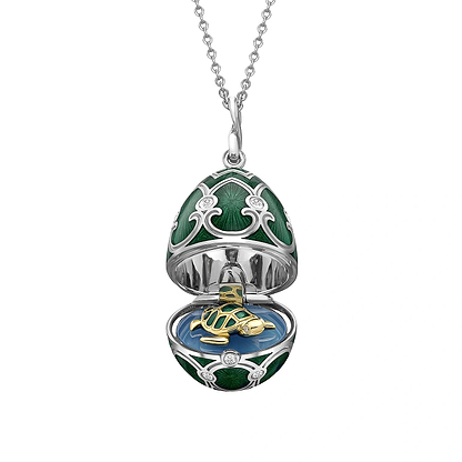 White Gold Diamond & Green Guilloché Enamel Turtle Surprise Locket | Fabergé