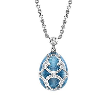 White Gold Diamond & Teal Guilloché Enamel Petite Egg Pendant | Fabergé
