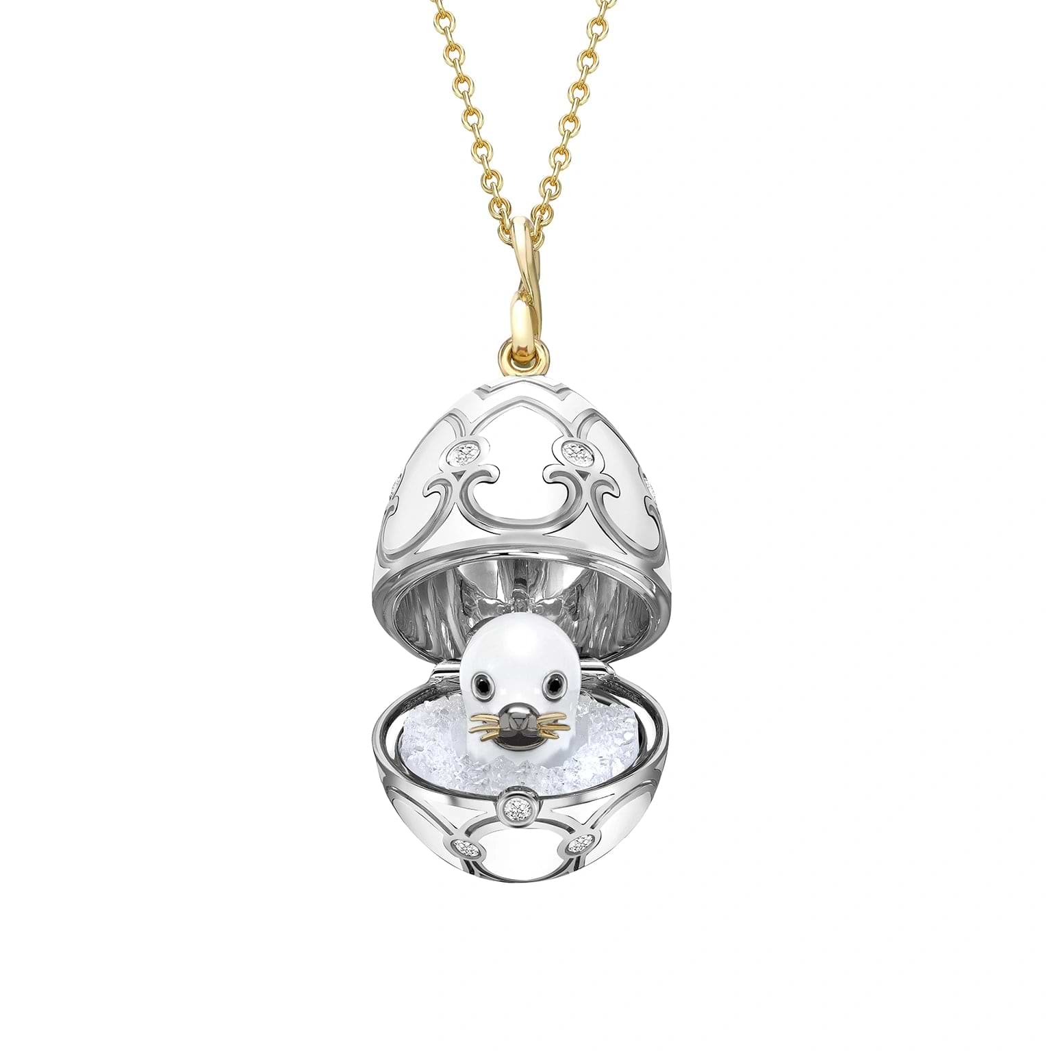 Yellow and White Gold Diamond and Black Enamel Seal Pup Surprise Locket | Fabergé