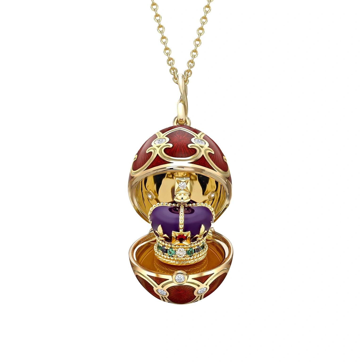 Yellow Gold Diamond & Red Guilloché Enamel Coronation Crown Surprise Locket | Fabergé