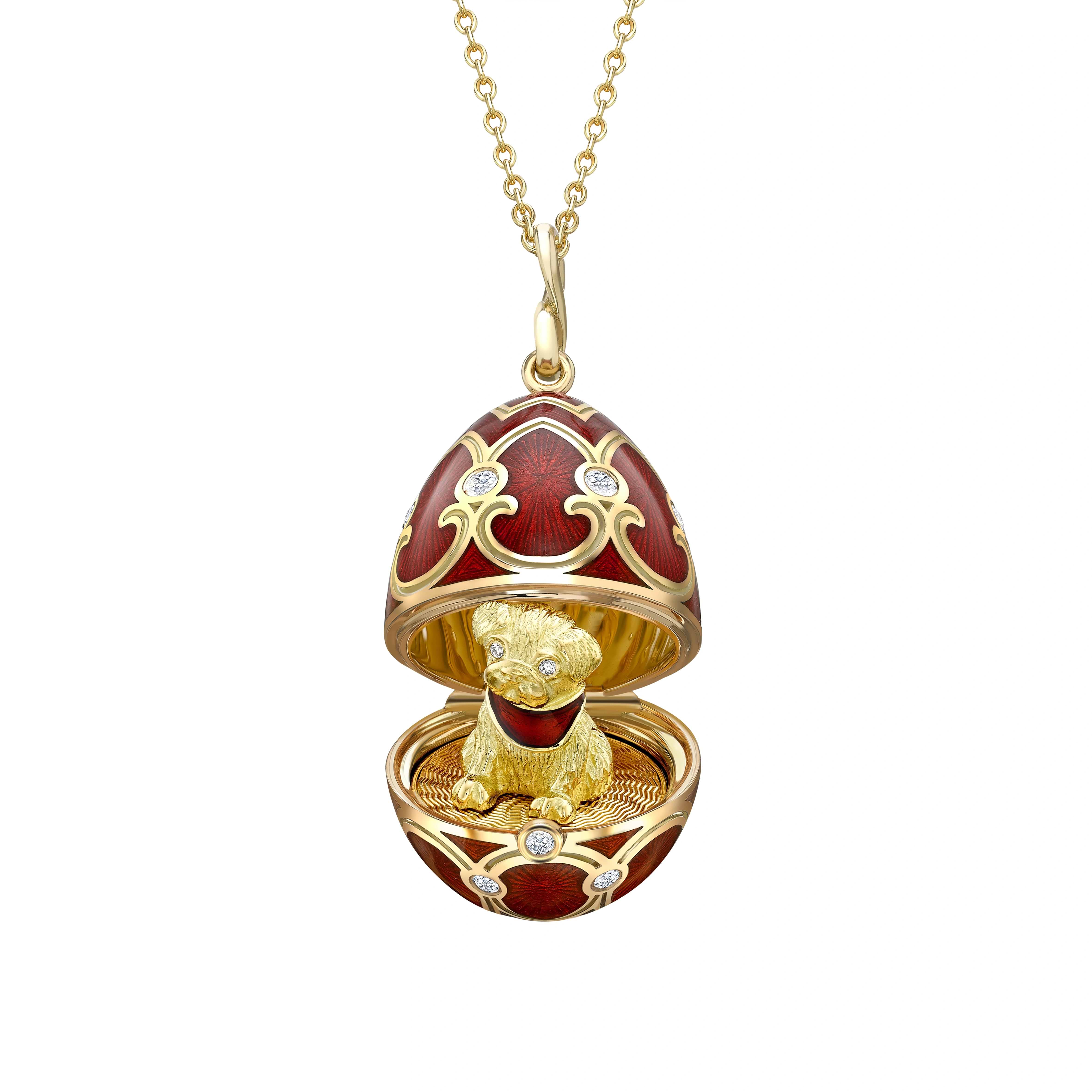 Yellow Gold Diamond & Red Guilloché Enamel Year Of The Dog Surprise Locket | Fabergé