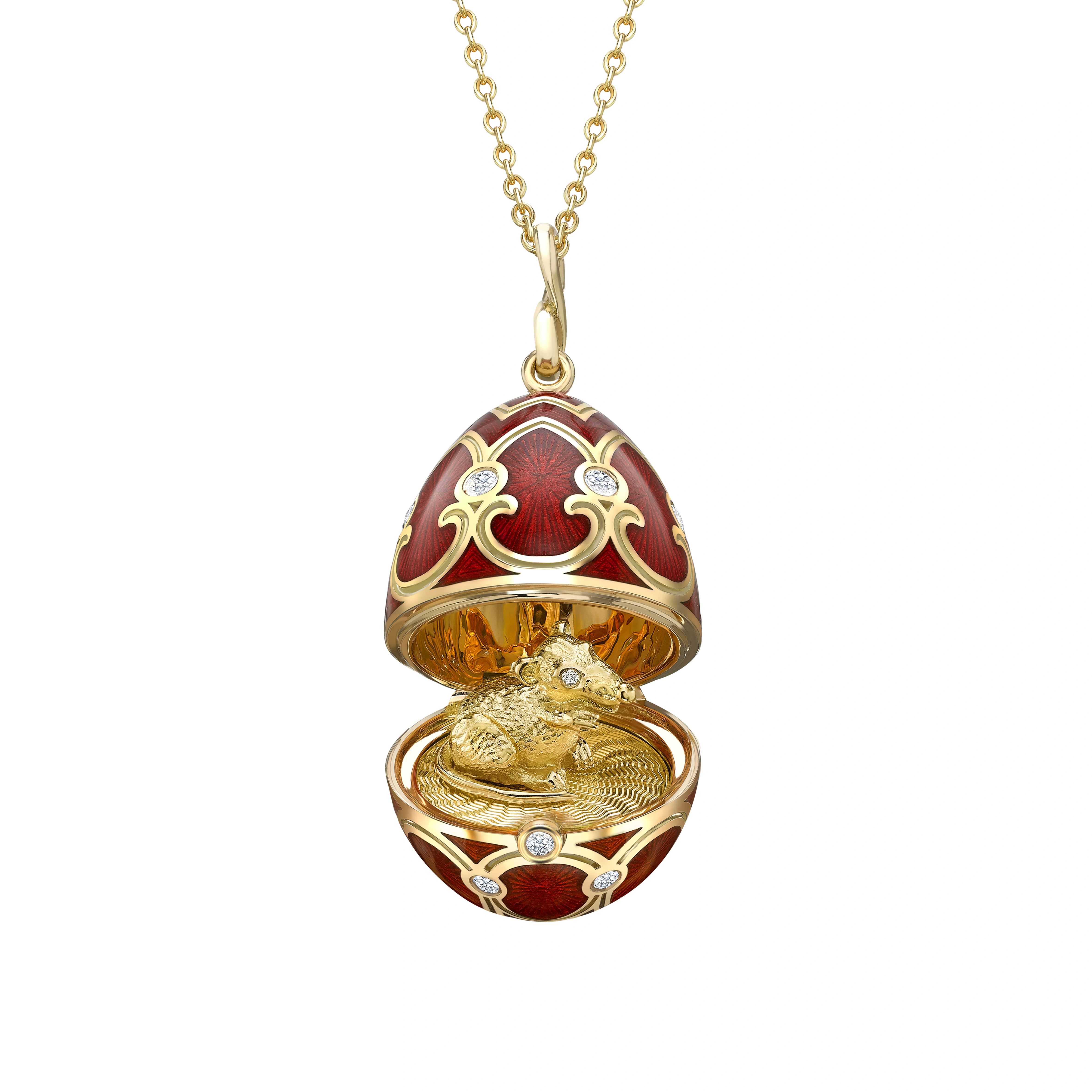 Yellow Gold Diamond & Red Guilloché Enamel Year Of The Rat Surprise Locket | Fabergé